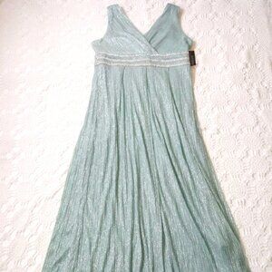New R&M Richards Maxi Dress Fit Flare Aqua Blue Glitter Empire Waist 14 P Women
